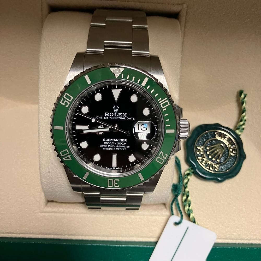 Rolex Green and Silver Submariner Watch with Ceramic Bezel